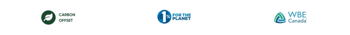 Logo de trois certifications : Compensation carbone, 1% for the planet et WBE canada